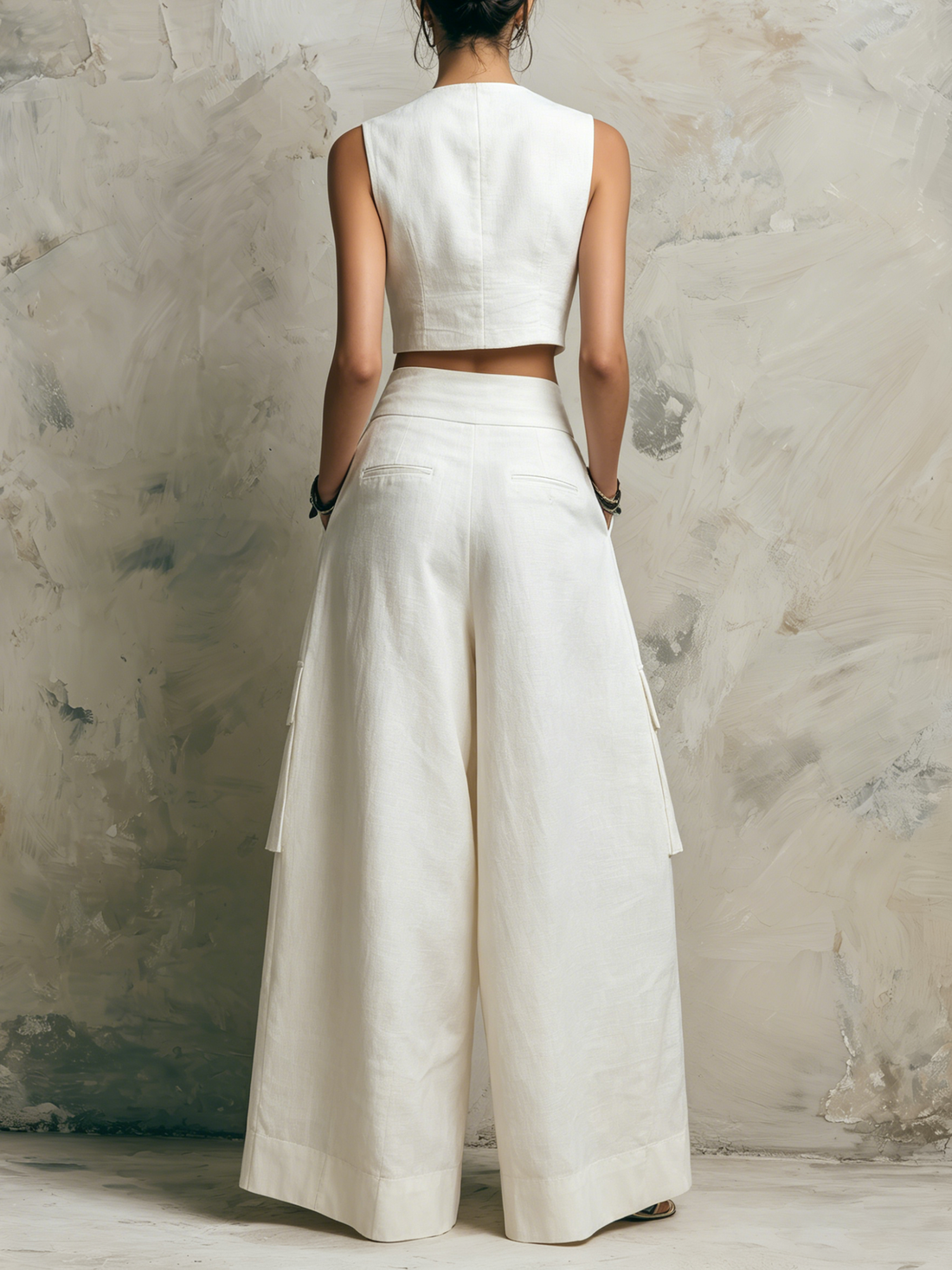 Linen-Blend Vest & Wide-Leg Cargo Pants Set | Tailored Two-Piece Outfit