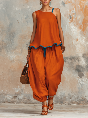 Burnt Orange Asymmetric Linen Two-Piece Set With Blue Trim