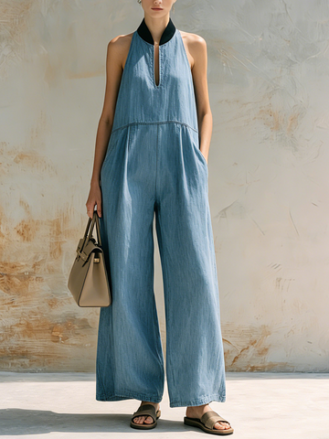 Light Blue Tencel Denim Halter Neck Wide-Leg Jumpsuit