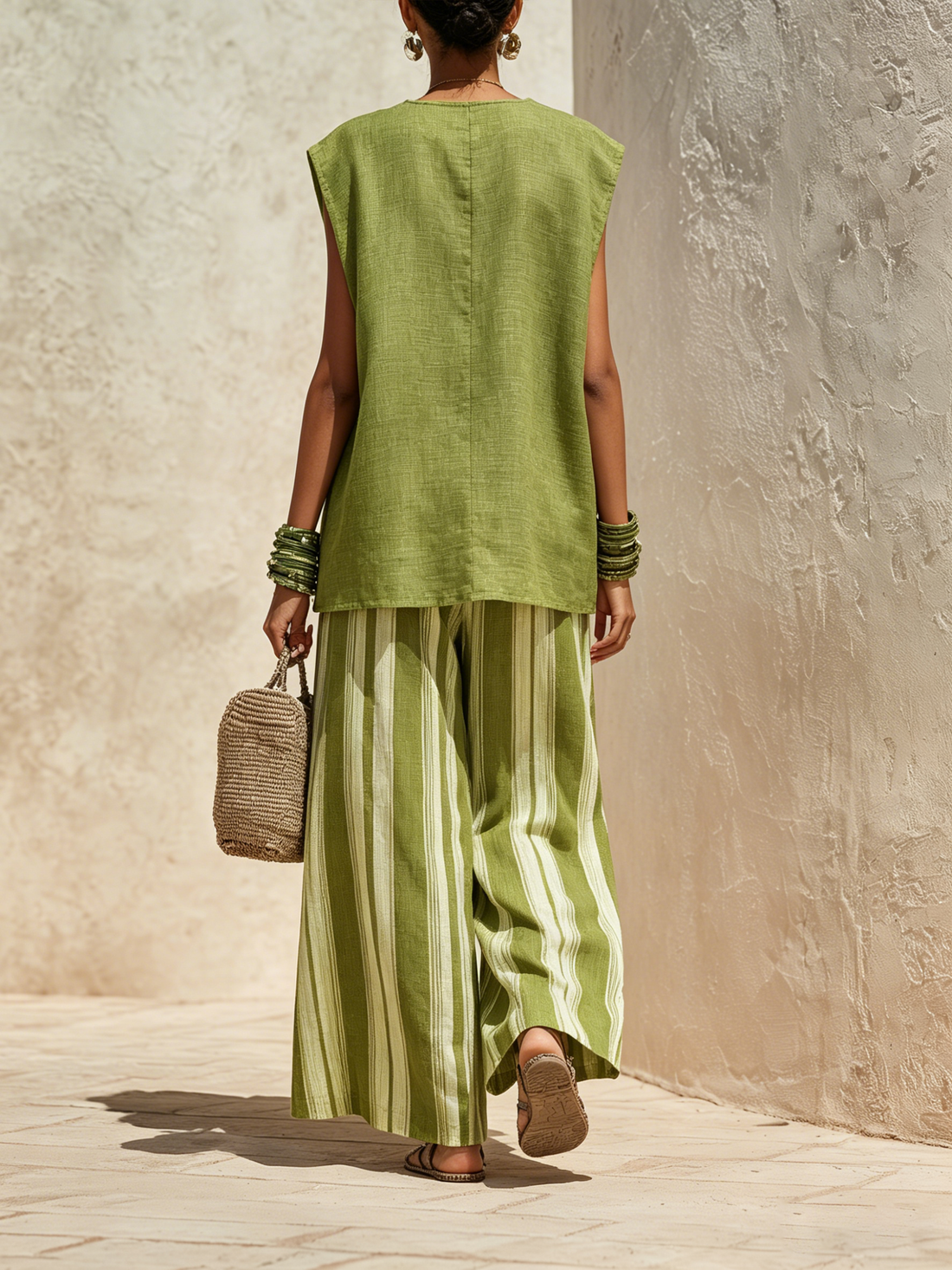 Oversized Green Linen-Blend Sleeveless Top & Striped Wide-Leg Pant Set