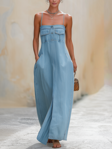 Light Blue Tencel Denim Spaghetti Strap Maxi Dress With Front Slit