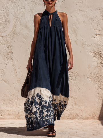 Navy Floral Border Tencel Denim Halter Neck Maxi Dress