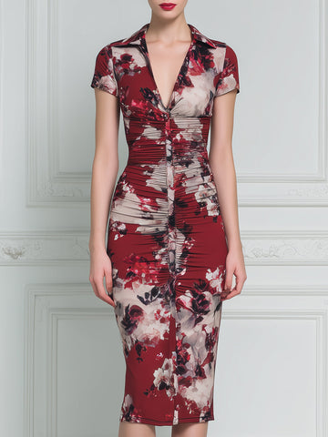Ruched Front Button Detail Collared Floral Print Fitted Midi Dress