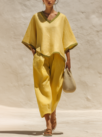 Yellow Linen-Blend Contrast Trim Two-Piece Set
