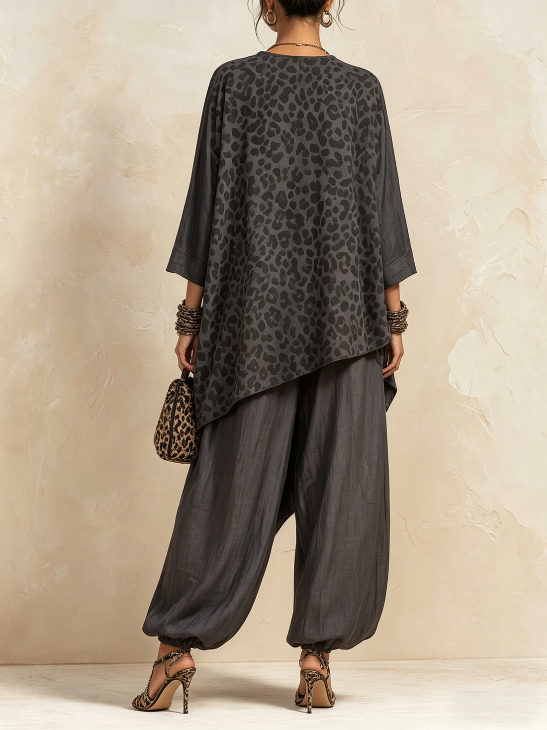 Dark Grey Leopard Print Asymmetric Linen-Blend Co-ord Set