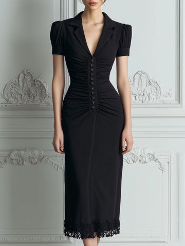 Ruched Button-Front Tailored Collar Fitted Midi Dress
