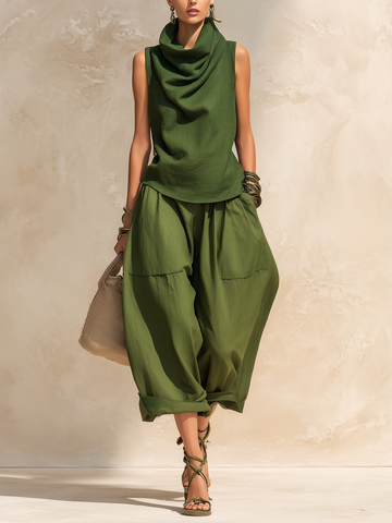 Olive Cowl Neck Sleeveless Linen-Blend Co-ord Set With Drop-Crotch Pants