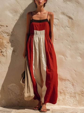 Red & White Color-Block Spaghetti Strap Wide-Leg Jumpsuit