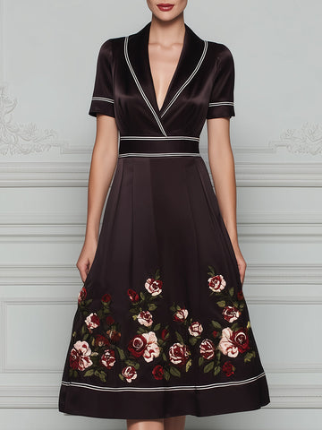 V-Neck Contrast Trim Floral Hem A-Line Midi Dress