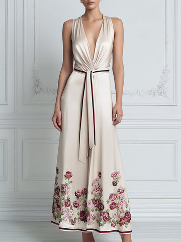 Deep V-Neck Draped Waist Floral Hem A-Line Maxi Dress