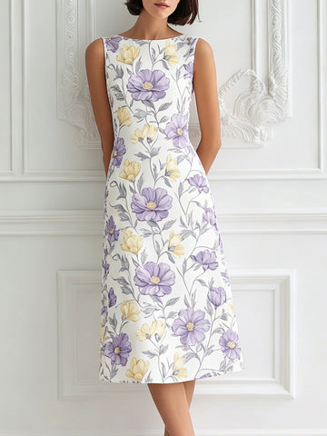 Elegant Lavender & Yellow Floral Print Sleeveless Midi Dress