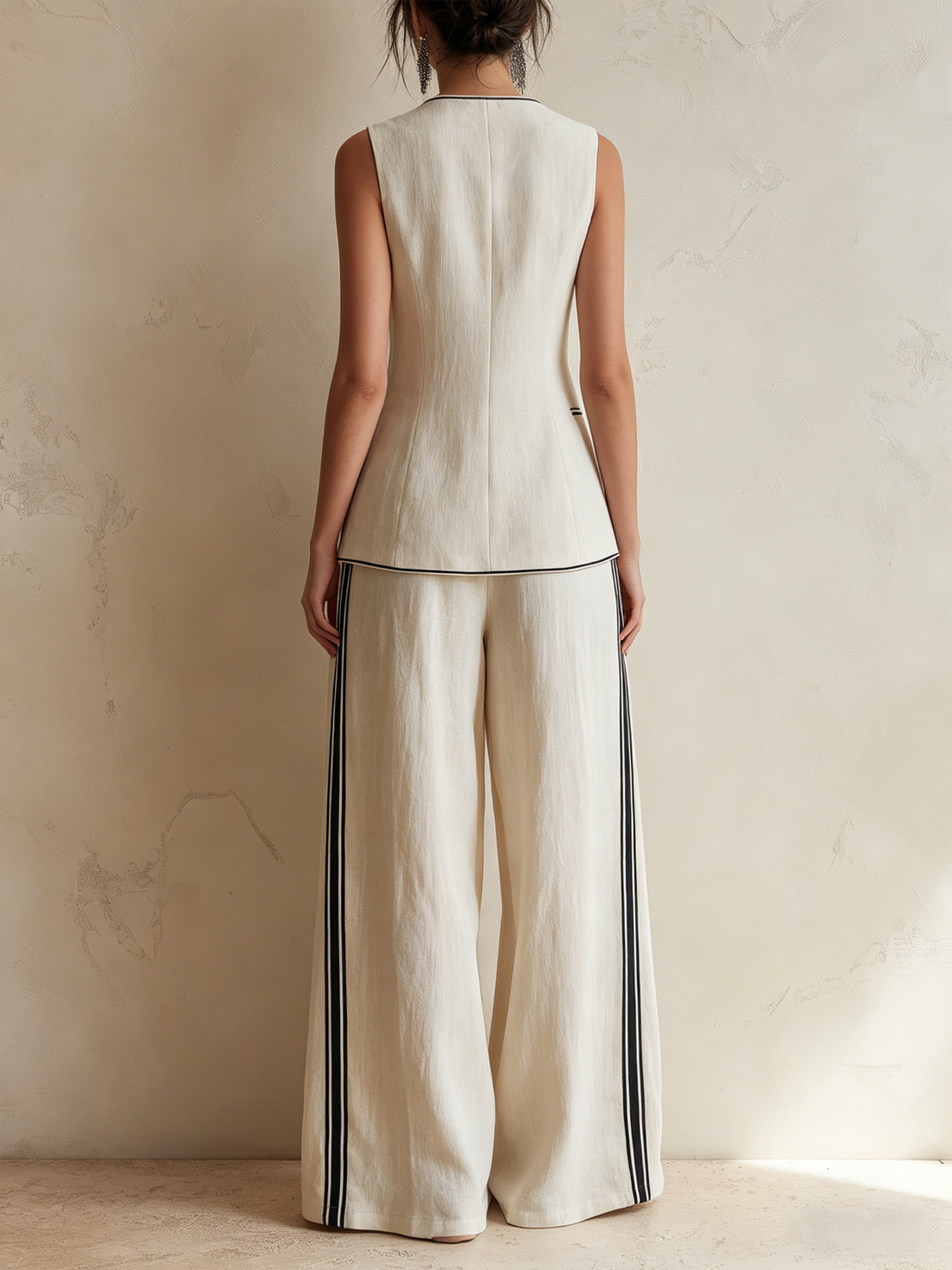 Cream Linen-Blend Double-Breasted Vest & Wide-Leg Trousers Co-ord Set