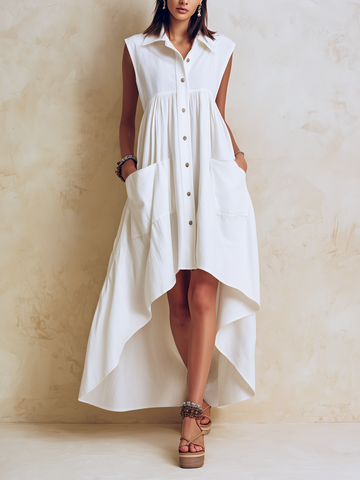 White Linen-Blend Sleeveless High-Low Shirt Dress with Pockets