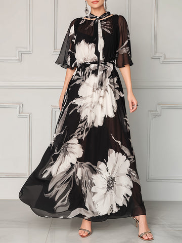 Tie-Neck Floral Chiffon Maxi Dress