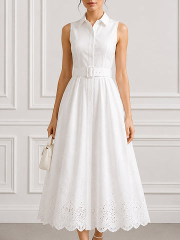 Sleeveless Button-Front Shirt Midi Dress With Scalloped Cutwork Hem