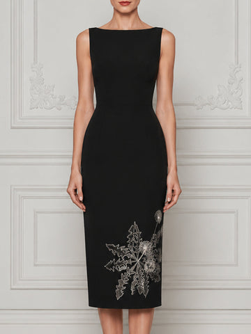 Sleeveless Boat Neck Embroidered Sheath Midi Dress