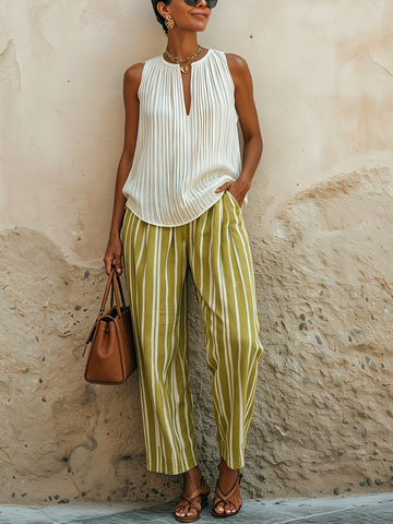 White Pleated Keyhole Sleeveless Top & Olive Striped Pants Two-Piece Set
