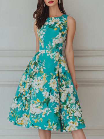 Garden Teal Floral Print Sleeveless A-Line Midi Dress