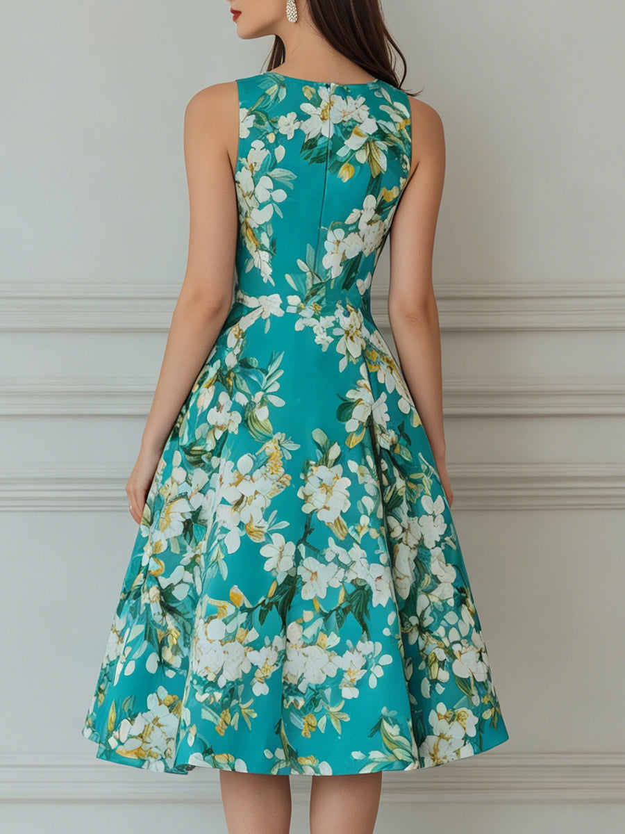 Garden Teal Floral Print Sleeveless A-Line Midi Dress