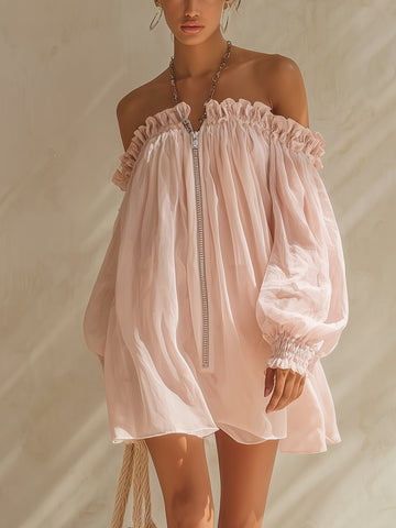 Pink Off Shoulder Convertible Halter Chiffon Mini Dress