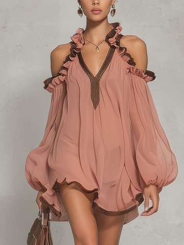 Pink Cold Shoulder Ruffled Chiffon Mini Dress With Brown Trim