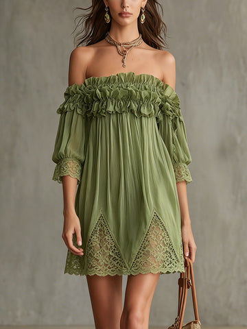 Green Off-Shoulder Mini Dress With Ruffled Bodice And Lace Hem
