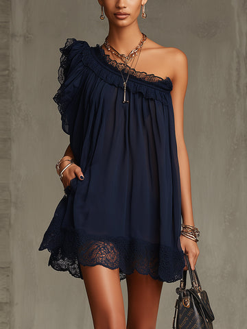 Navy One-Shoulder Mini Dress With Lace Trim And Ruffle Detail