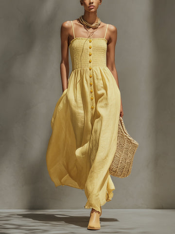 Yellow Chiffon Spaghetti Strap Button Maxi Dress