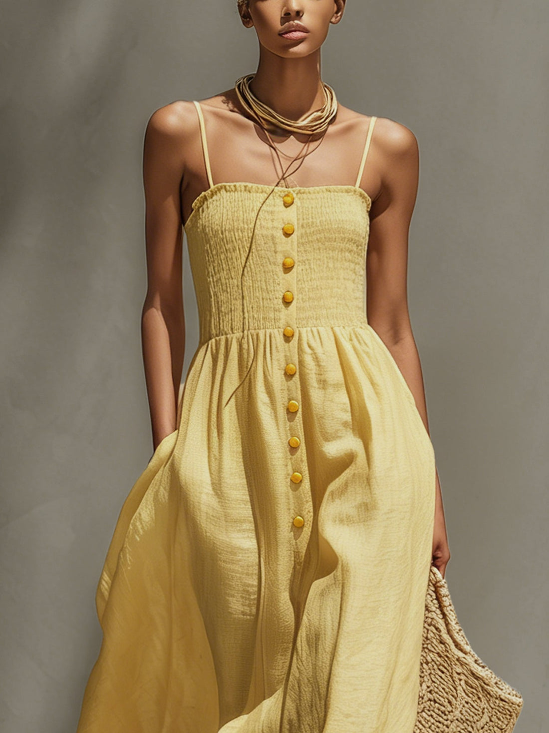 Yellow Chiffon Spaghetti Strap Button Maxi Dress