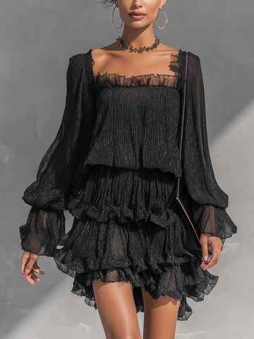 Shimmer Black Chiffon Ruffle Tiered Mini Dress