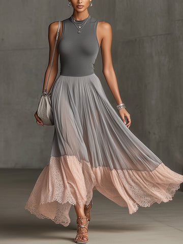 Gray Sleeveless Top And Pleated Maxi Skirt Set With Blush Lace Hem