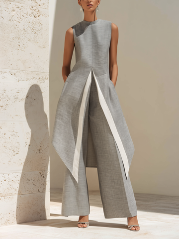 Structured Gray Linen-Blend Tunic & Wide-Leg Pants Set