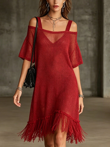 Red Off-Shoulder Knit Mini Dress With Fringe Hem