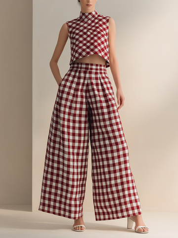 Red Gingham Sleeveless Crop Top & High-Waisted Wide-Leg Pants Set