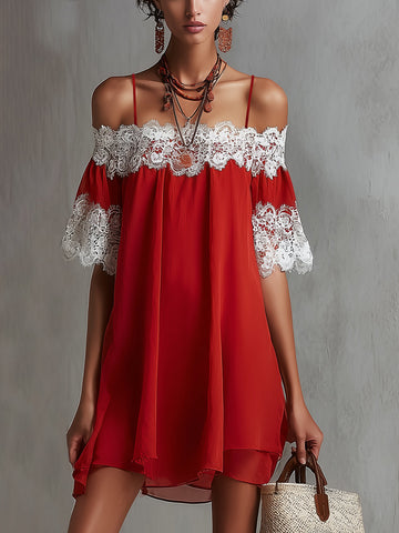 Red Off-Shoulder Mini Dress With White Lace Trim