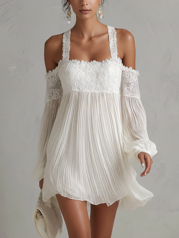 White Chiffon Textured Lace Spliced Cami Mini Dress