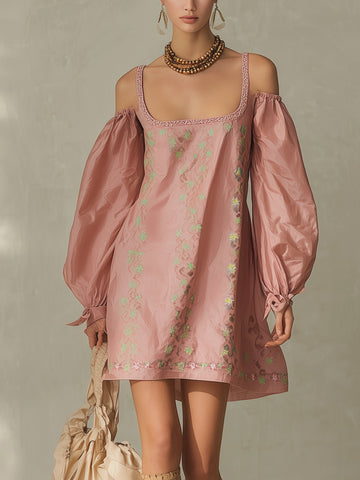 Pink Floral Embroidered Mini Dress