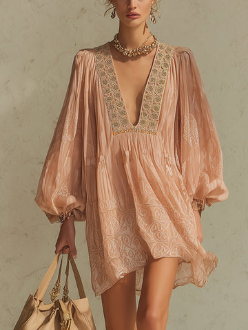 Pink Chiffon Floral Embroidered Mini Dress