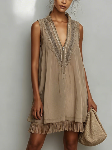 Light Khaki Chiffon Fringe Mini Dress