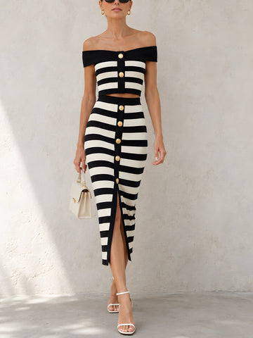Off-Shoulder Striped Crop Top & Button-Front Midi Skirt Set