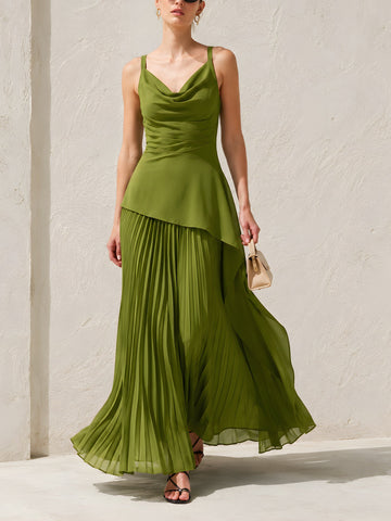 Olive Cowl-Neck Asymmetric Hem Top & Pleated Maxi Skirt Set