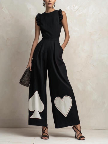 Ruffled Sleeve Playing Card Motif Wide-Leg Jumpsuit