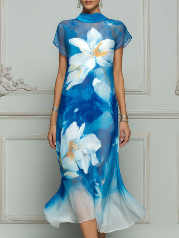 Elegant Watercolor Floral Sheer Maxi Dress