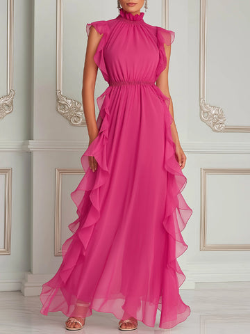Elegant Ruffle Trim Chiffon Maxi Dress
