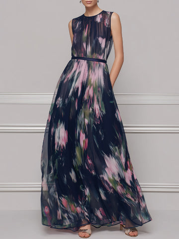 Elegant Watercolor Floral Chiffon Maxi Dress