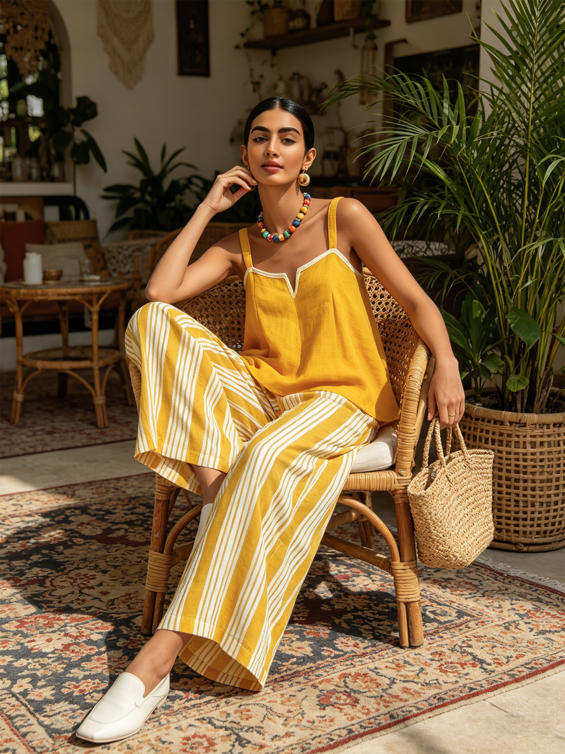 Yellow Linen-Blend Cami Top & Striped Wide-Leg Pants Two-Piece Set