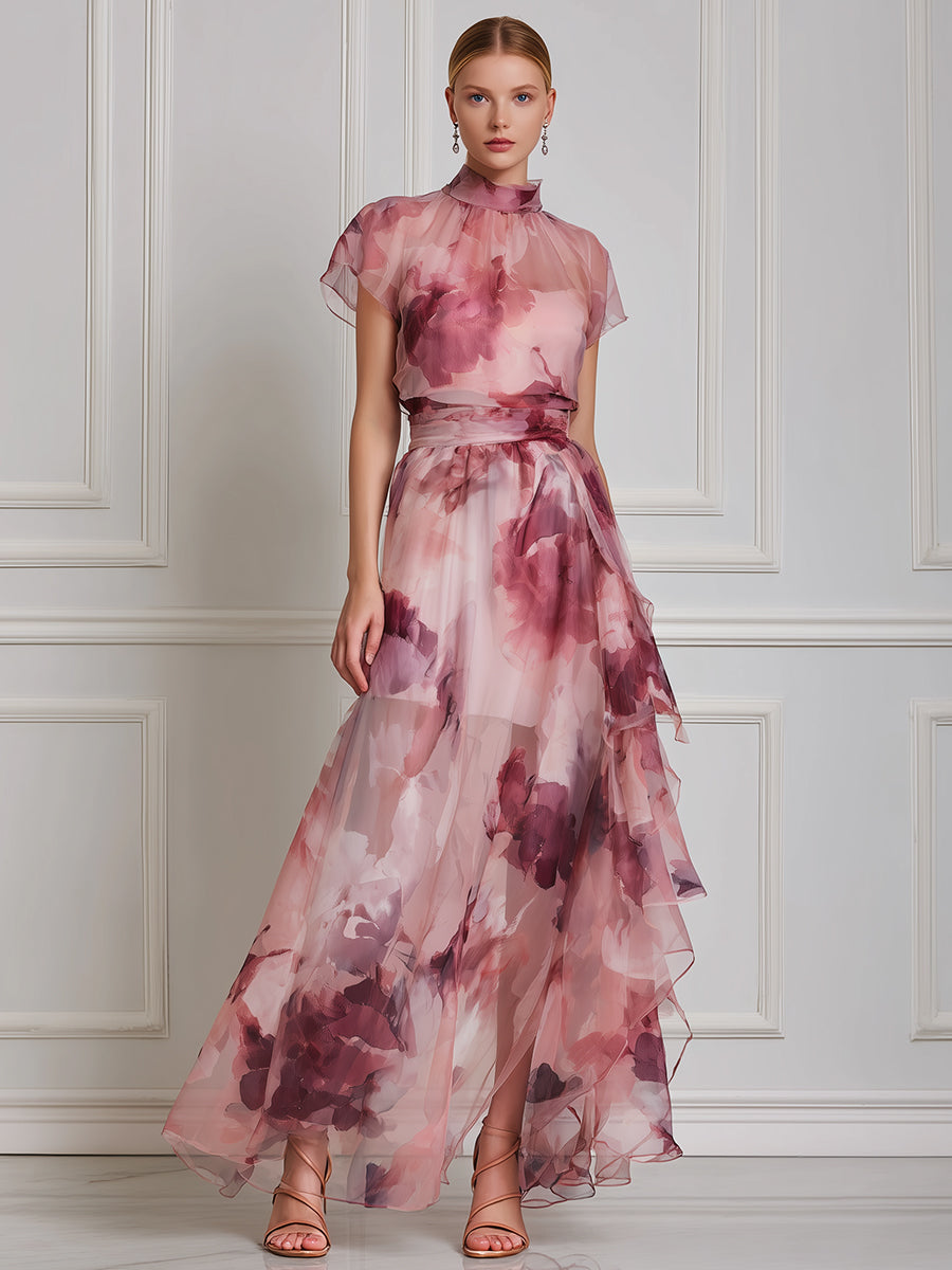 Romantic Watercolor Floral Chiffon Maxi Dress