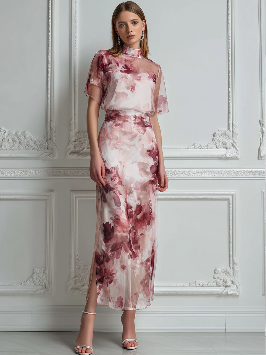 Elegant Watercolor Floral Sheer Midi Dress