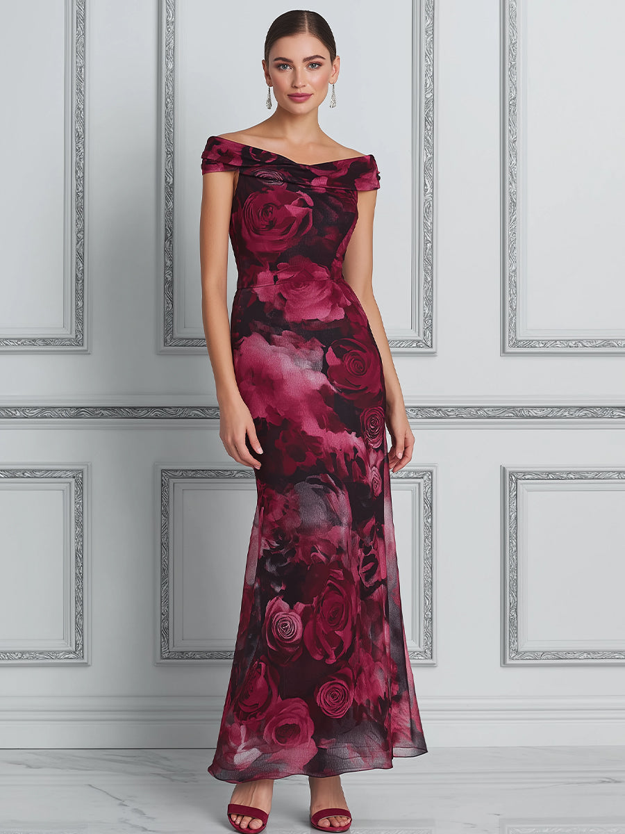 Elegant Off-Shoulder Rose Print Maxi Dress