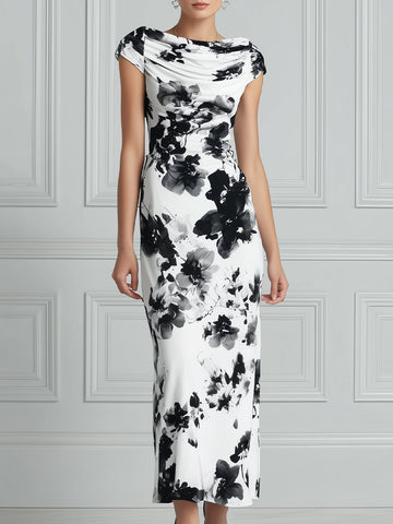 Elegant Monochrome Floral Draped Maxi Dress